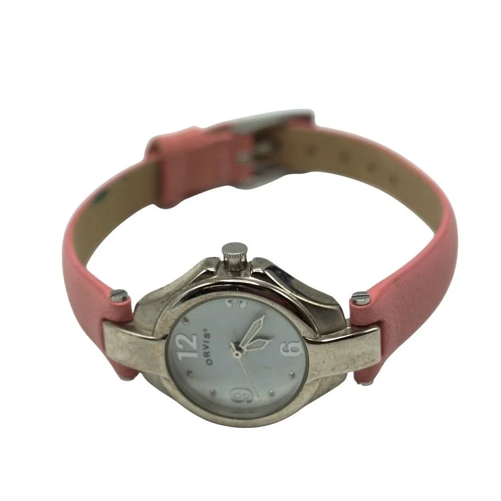 Orvis Ladies Watch Pink Leather Band Silver Tone Case White Dial Quartz Analog